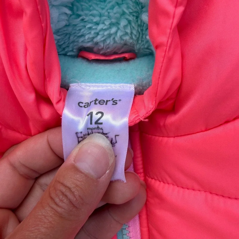Carters Baby Girls Neon Coral Pink Puffer Jacket Mint Green Fleece Lined 12M